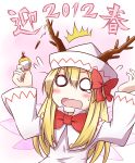  1girl antlers arms_up blonde_hair blush bow branch capelet glue hat highres lily_white long_hair new_year o_o open_mouth solo tears touhou wings yutamaro 