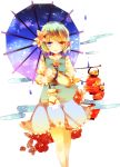  bad_id blue_eyes blue_hair cha_ichigo flower hair_flower hair_ornament heterochromia highres lantern open_mouth paper_lantern red_eyes short_hair skirt solo tatara_kogasa touhou umbrella 