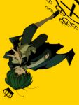  1girl antennae aoi_(annbi) cape clenched_hand crown dress_shirt green_eyes green_hair outstretched_arm outstretched_hand pants reverse_trap shirt short_hair solo touhou upside-down wriggle_nightbug 