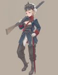  blonde_hair blue_eyes boots cleavage_cutout gloves gun helmet musket original rifle simple_background smile solo sword weapon weno 