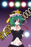  1girl alphes_(style) bare_shoulders blue_eyes bust choker contemporary green_hair hat kaoru_(gensou_yuugen-an) m-1_grand_prix navel parody shikieiki_yamaxanadu short_hair solo strapless style_parody touhou 