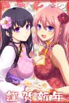  2girls asymmetrical_docking bare_shoulders blue_eyes blush braid breast_press breasts china_dress chinese_clothes cleavage cleavage_cutout floral_print flower hair_flower hair_ornament hand_holding hexagon holding_hands multiple_girls new_year nyorori_(tatsutaage) open_mouth original pink_hair purple_eyes purple_hair smile symmetrical_docking twin_braids violet_eyes 