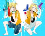  1girl 510 barefoot bikini_skirt bikini_top blonde_hair brother_and_sister casual dual_wielding front-tie_top glasses_on_head goggles goggles_around_neck grin hoodie kagamine_len kagamine_rin looking_at_viewer short_hair shorts siblings skirt smile twins twintails vocaloid water_gun 