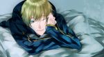  1boy blonde_hair blue_eyes casual fate/prototype fate_(series) male saber_(fate/prototype) short_hair solo wink witchonly 