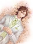  b_ribbon bed_of_roses brown_hair facial_hair flower formal jewelry kaburagi_t_kotetsu lying male necktie ring rose sbr short_hair sleeping solo stubble suit tiger_&amp;_bunny wedding_band white_rose 