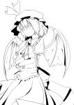  absurdres akasaka_shop bad_id bat_wings crossed_arms hat highres lineart monochrome remilia_scarlet ribbon short_hair solo touhou wings 
