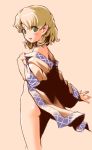  arm_up ass bare_shoulders blonde_hair blush bottomless from_behind green_eyes looking_back mizuhashi_parsee naked_shirt off_shoulder open_clothes open_mouth open_shirt pointy_ears sano_toshihide shirt short_hair solo touhou turning 
