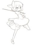  arai_seiryuu bangs bloomers blunt_bangs frilled_skirt hair_ribbon hairband hitodama holding katana konpaku_youmu konpaku_youmu_(ghost) leg_up monochrome open_mouth ribbon scabbard sheath short_hair short_sleeves solo sword touhou vest wakizashi weapon 