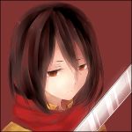  brown_eyes brown_hair memayuta mikasa_ackerman scarf shingeki_no_kyojin sword weapon 