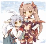  2girls 7010 :3 blue_hair blush brown_eyes brown_hair dragon_girl dragon_horns dragon_tail horns japanese_clothes long_hair multiple_girls open_mouth orb original pointy_ears short_hair sleeves_past_wrists tail twintails 