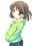  brown_eyes brown_hair child copyright_request denim_skirt hands_in_pockets hoodie looking_at_viewer lowres open_mouth short_hair simple_background smile solo ueda_yuu white_background 