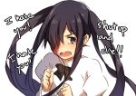  alternate_hairstyle angry black_hair bowtie english hair_over_one_eye ikezawa_hanako katawa_shoujo long_hair open_mouth purple_eyes purple_hair scar school_uniform solo tears text twintails violet_eyes weee_(raemz) 