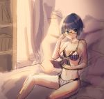  adjusting_glasses bed blue_eyes blue_hair book bra breasts glasses hakamichi_shizune holding holding_book katawa_shoujo lingerie open_book panties pillow reading short_hair solo underwear underwear_only weee_(raemz) 