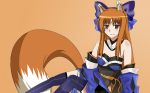  1girl animal_ears bare_shoulders blue_legwear bow brown_hair caster_(fate/extra) caster_(fate/extra)_(cosplay) cosplay detached_collar detached_sleeves drawfag fate/extra fate_(series) hair_bow highres holo horo red_eyes simple_background solo spice_and_wolf strapless tail thigh-highs thighhighs wolf_ears wolf_tail 