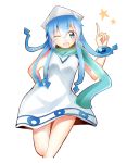  bad_id blue_eyes blue_hair dress hat ikamusume kasumi_(konntyann) long_hair scarf shinryaku!_ikamusume solo tentacle_hair wink 