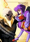  1girl :o alice_(asura_blade) angry asura_blade bob_cut book carrying chain chains character_request cravat dress fire ghost_rider height_difference highres marvel no~ma open_mouth pantyhose purple_dress purple_eyes purple_hair purple_legwear shoes short_hair size_difference skull violet_eyes yellow_background 