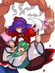 arm_up armpits detached_sleeves frog frog_hair_ornament gohei green_hair hair_ornament kimuchi kochiya_sanae long_hair long_skirt midriff multiple_girls navel open_mouth purple_hair red_eyes shimenawa skirt smile snake touhou yasaka_kanako yellow_eyes