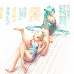  annoyed aqua_hair aqua_nails ass ass_pillow bare_shoulders barefoot bikini blonde_hair bow butt_crack butt_pillow buttsnuggle cellphone crossed_legs feet flat_chest hair_bow hatsune_miku head_on_butt kagamine_rin leg_lift legs_crossed long_hair looking_back lying lying_on_person midriff multiple_girls nail_polish navel off_shoulder on_back on_stomach open_mouth phone purple_eyes shiny shiny_skin short_hair shorts sitting soles strap_slip striped striped_bikini striped_swimsuit swimsuit toenail_polish toenails toes translated translation_request twintails very_long_hair violet_eyes vocaloid wokada wokada_(takouji) wooden_floor yellow_nails 