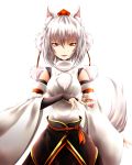  animal_ears card detached_sleeves fangs fingerless_gloves gloves hat highres inubashiri_momiji inyuppo open_mouth pom_pom_(clothes) pom_pom_(clothing) red_eyes simple_background slit_pupils solo spell_card tail tokin_hat touhou white_background white_hair wolf_ears wolf_tail 