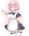  alternate_costume apron breasts dress enmaided ghost hand_on_hip large_breasts maid maid_headdress no_hat no_headwear pink_hair red_eyes ryoulove15 saigyouji_yuyuko short_hair smile solo thigh-highs thighhighs touhou tray triangular_headpiece white_legwear wink 