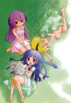  barefoot blonde_hair blue_hair blush book dress feet furude_rika grass hair_ornament hairband hanyuu higurashi_no_naku_koro_ni horns houjou_satoko long_hair lying momoyama_hinase multiple_girls purple_eyes purple_hair red_eyes short_hair sitting sleeping smile violet_eyes 