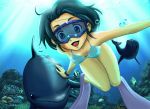 bikini black_hair bubble coral diving dolphin fins freediving goggles lowres nature ocean short_hair smile swimming swimsuit tsune_(artist) underwater water 