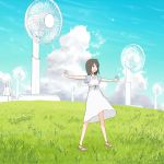  brown_hair electric_fan kazemachi_kei original outstretched_arms oversized_object sky solo 