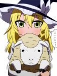  1girl akeome animal blonde_hair bow braid bust carrying face green_eyes hair_between_eyes hat hat_bow jeno kirisame_marisa long_sleeves looking_at_viewer new_year pun sheep simple_background single_braid solo touhou trembling white_background witch witch_hat 