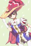  alternate_hair_color androgynous belt brown_eyes brown_hair cape dek dutch_angle elbow_gloves female gloves hand_on_hip hat hat_ribbon highres hips holding holding_hat pantyhose princess_sapphire puffy_sleeves reverse_trap ribbon ribbon_no_kishi solo tomboy white_gloves 