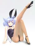  animal_ears ass back_seamed_legwear blue_eyes blue_hair bowtie bunny_ears bunnysuit detached_collar fake_animal_ears fang heterochromia highres lavolpe_(yagisaka_seto) leg_up legs long_hair looking_at_viewer original pantyhose purple_eyes simple_background solo wrist_cuffs yagisaka_seto 