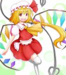  ascot blonde_hair fang flandre_scarlet hat highres kazemachi_kei long_hair looking_at_viewer midriff navel open_mouth red_eyes side_ponytail skirt solo the_embodiment_of_scarlet_devil thigh-highs thighhighs touhou very_long_hair white_legwear wings zettai_ryouiki 