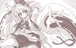  hat hat_ribbon japanese_clothes kariginu long_sleeves matsuno_canel monochrome mononobe_no_futo outstretched_arms ponytail ribbon shirt skirt smile solo touhou 