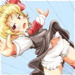 ascot blonde_hair bloomers fang forehead hair_raising hair_ribbon midriff open_mouth outstretched_arms red_eyes ribbon rumia shirt short_hair skirt skirt_lift skirt_set solo spread_arms the_embodiment_of_scarlet_devil touhou yoriyuki_chiyo youkai 