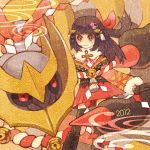  1girl 2012 bell black_eyes black_hair boots giratina hair_ornament hairclip hikari_(pokemon) kouhaku_nawa new_year pokemon pokemon_(creature) pokemon_(game) pokemon_dppt pokemon_platinum seigaiha skirt strawberrybit thigh-highs thighhighs 