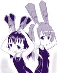  2girls absurdres competition_swimsuit flippers highres monochrome multiple_girls one-piece_swimsuit original ponytail screentones swimsuit tennouji_masamichi twintails 