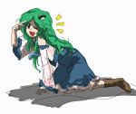 1girl ;d bad_id detached_sleeves digital001 frog green_eyes green_hair japanese_clothes kochiya_sanae long_hair miko open_mouth simple_background sketch skirt smile snake solo touhou v wink 