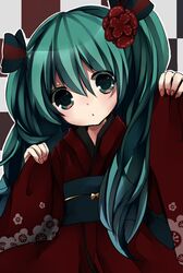  ai_1003 aqua_eyes aqua_hair checkered checkered_background green_eyes green_hair hair_between_eyes hatsune_miku highres japanese_clothes kimono long_hair solo vocaloid 