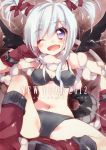  bat_wings bikini black_bikini boots breasts breasts_apart chair dragon_tail ech fang female gloves hair_ribbon hand_on_own_cheek kotoyoro navel new_year open_mouth original purple_eyes red_gloves ribbon silver_hair sitting solo swimsuit tail translated twintails violet_eyes wings wink 