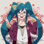  aqua_eyes aqua_hair bespectacled glasses hatsune_miku headphones listening_to_music looking_at_viewer momoiro_oji nail_polish open_mouth red-framed_glasses smile solo vocaloid 