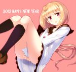  2012 :o bad_id black_legwear blonde_hair blush bow cepoli_elretoi covering covering_crotch dress dress_tug happy_new_year kneehighs komone_ushio loafers long_hair looking_at_viewer new_year open_mouth original purple_eyes red_eyes sailor_dress shoes short_hair simple_background solo violet_eyes white_dress 