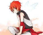  armband bad_id ittoki_otoya male pants red_eyes red_hair redhead short_hair sitting smile solo tarou_(run) uta_no_prince-sama white_background wings 