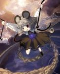  animal_ears basket capelet cloud dowsing_rod grey_hair highres jewelry mouse mouse_ears mouse_tail nazrin open_mouth outstretched_arms pendant red_eyes shope short_hair solo sunbeam sunlight tail tail_hold touhou 