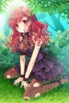  artist_request asymmetrical_bangs bangs belt blush bow bush dirty dress expressionless frilled_dress frills grass long_hair lowres open_mouth outdoors pantyhose red_eyes red_hair redhead ribbon solo sword_girls thigh-highs thighhighs torn_pantyhose tree vernika_answer wavy_hair 
