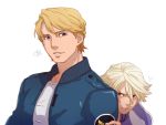  ? blonde_hair blue_eyes blue_jacket bomber_jacket eckzahn flying_sweatdrops hiding ivan_karelin jacket keith_goodman letterman_jacket male multiple_boys purple_eyes purple_jacket shaded_face short_hair simple_background sweatdrop taking_cover tiger_&amp;_bunny violet_eyes white_background 