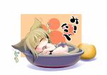  1girl amisu animal_ears blonde_hair bowl cat_ears cat_tail chibi closed_eyes ear_twitch earmuffs food fruit headphones in_container kemonomimi_mode lying mandarin_orange mikan minigirl neko_nabe on_side open_mouth shirt skirt sleeping solo tail touhou toyosatomimi_no_miko 