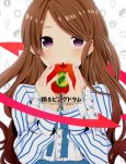  1girl apple blush brown_hair food fruit holding holding_apple holding_fruit komine long_hair mawaru_penguindrum purple_eyes ribbon smile solo takakura_himari 