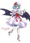  aqua_hair bat_wings boots character_name corset dress faux_traditional_media flat_chest hat high_heels highres kyuubiness pantyhose pencil_crayon_(medium) red_eyes remilia_scarlet ribbon shoes solo touhou wings 