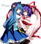  blue_hair emyu frills fujishiro_emyu hat hinanawi_tenshi long_hair multiple_girls nagae_iku purple_hair red_eyes shawl touhou 