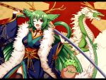  &gt;_&lt; animal_ears antlers dragon dragon_girl dragon_tail fang fur_trim green_hair horns japanese_clothes kimono konshin letterboxed long_hair new_year open_mouth original red_eyes rising_sun smile solo sword tail very_long_hair weapon wink 