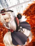  animal_ears autumn fighting_stance fingerless_gloves gloves hat inubashiri_momiji japanese_clothes kourindou_tengu_costume open_mouth red_eyes silver_hair solo sunaya_yanokura sword tail tokin_hat touhou water waterfall weapon white_legwear wolf_ears wolf_tail 